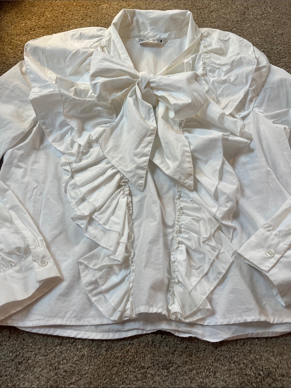 👑👑Zara 💯%Cotton Generous szS Mega Maximalist Double Ruffle Big Bow White Blouse - Picture 3 of 10